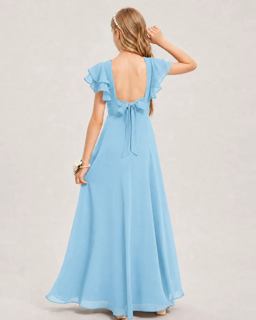 Sky Blue Chiffon A-line Junior Bridesmaid Dress Back View