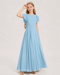 Sky Blue Junior Bridesmaid Dress Ruffle Sleeve Chiffon Long Maxi Gown Side View
