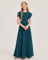 Teal Chiffon A-line Junior Bridesmaid Dress Front View