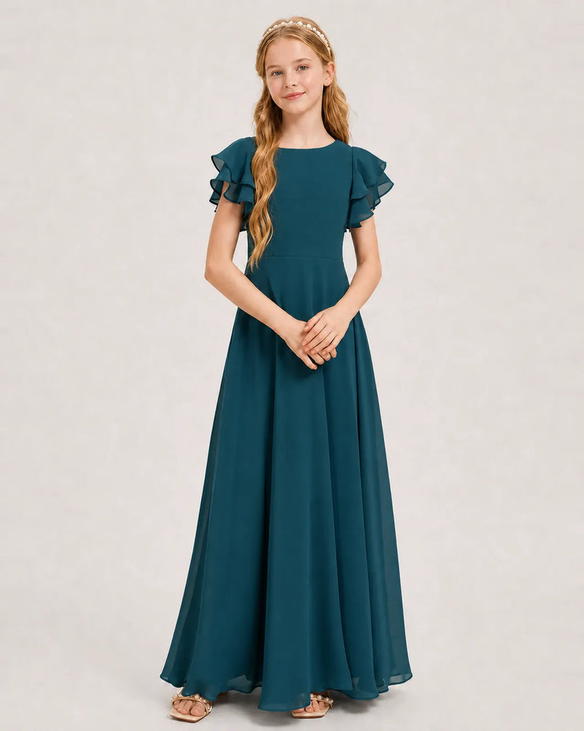 Teal Chiffon A-line Junior Bridesmaid Dress Front View