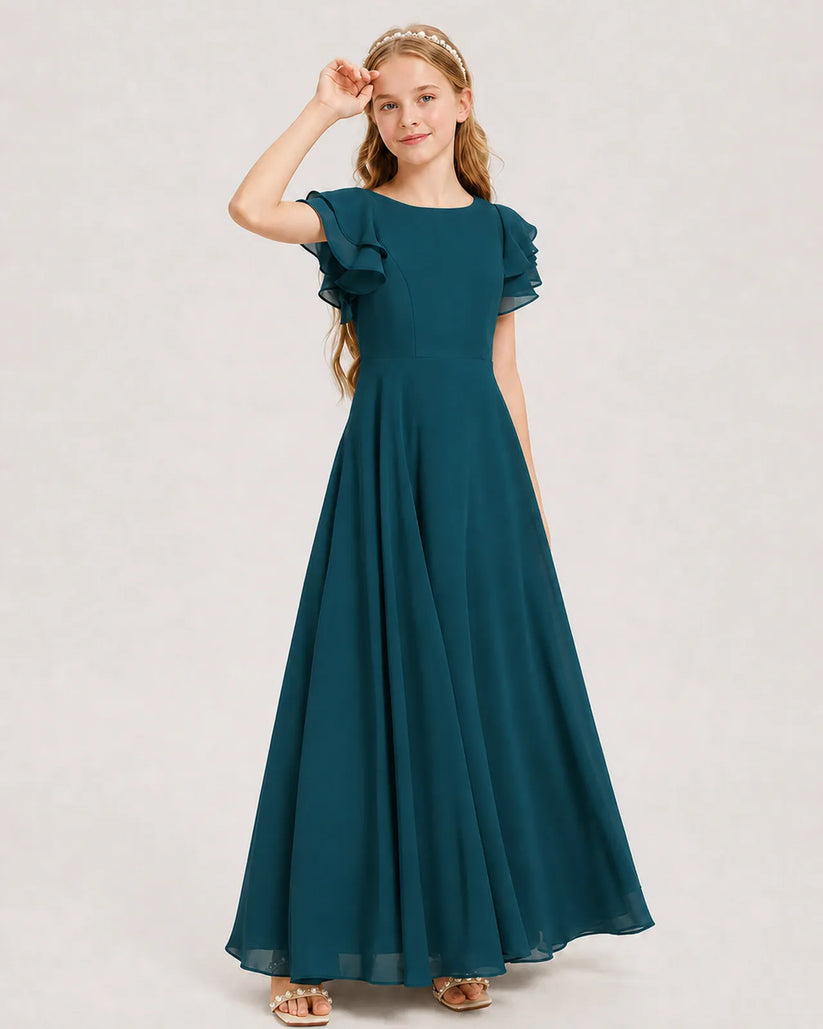 Teal Chiffon A-line Junior Bridesmaid Dress Front View