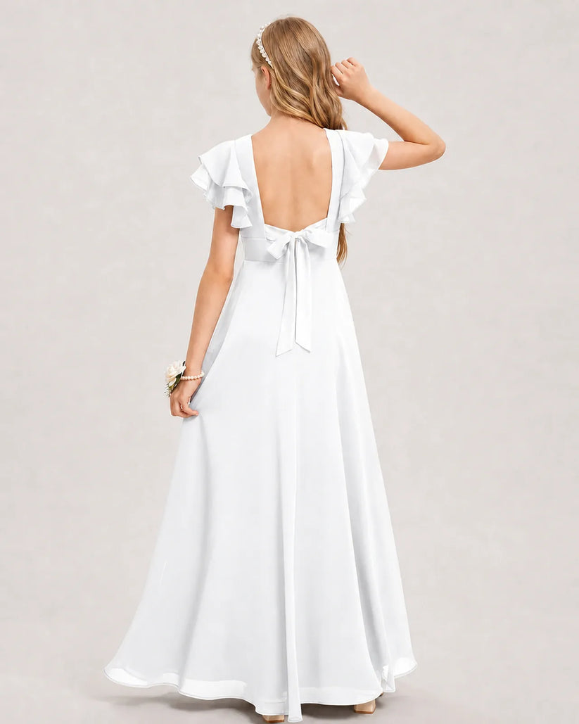 White Chiffon A-line Junior Bridesmaid Dress Back View