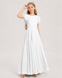 White Junior Bridesmaid Dress Ruffle Sleeve Chiffon Long Maxi Gown Side View