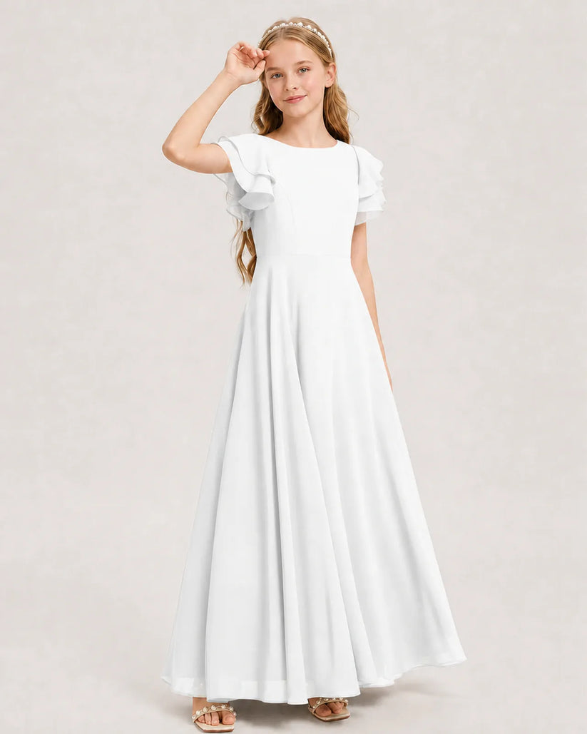White Chiffon A-line Junior Bridesmaid Dress Front View
