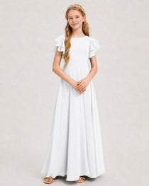 White Junior Bridesmaid Dress Ruffle Sleeve Chiffon Long Maxi Gown Front View