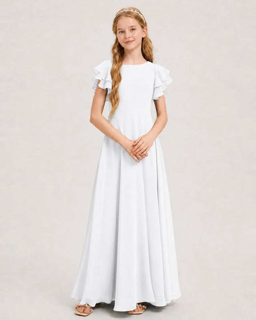 White Chiffon A-line Junior Bridesmaid Dress Front View