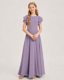 Wisteria Junior Bridesmaid Dress Ruffle Sleeve Chiffon Long Maxi Gown Front View