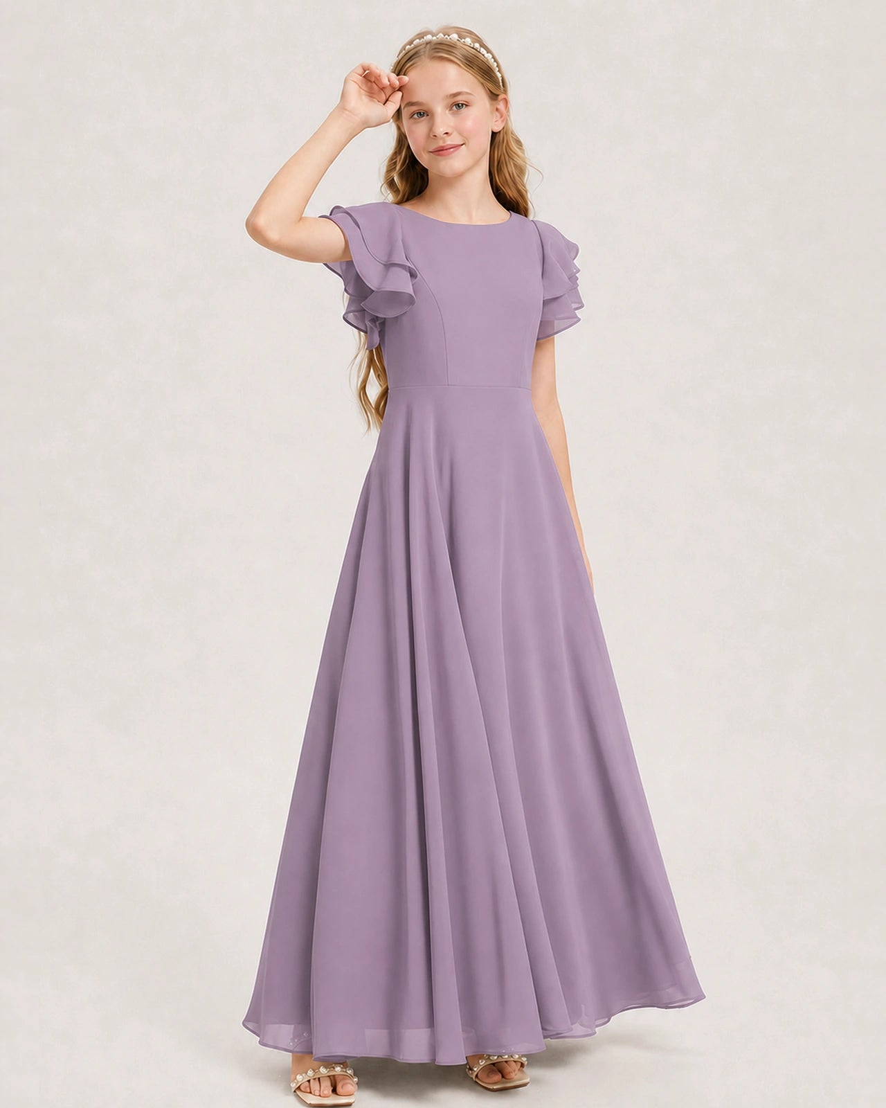 Wisteria Junior Bridesmaid Dress Ruffle Sleeve Chiffon Long Maxi Gown Side View