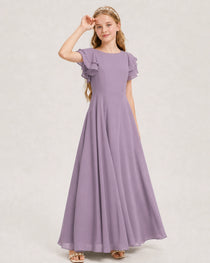 Wisteria Junior Bridesmaid Dress Ruffle Sleeve Chiffon Long Maxi Gown Side View