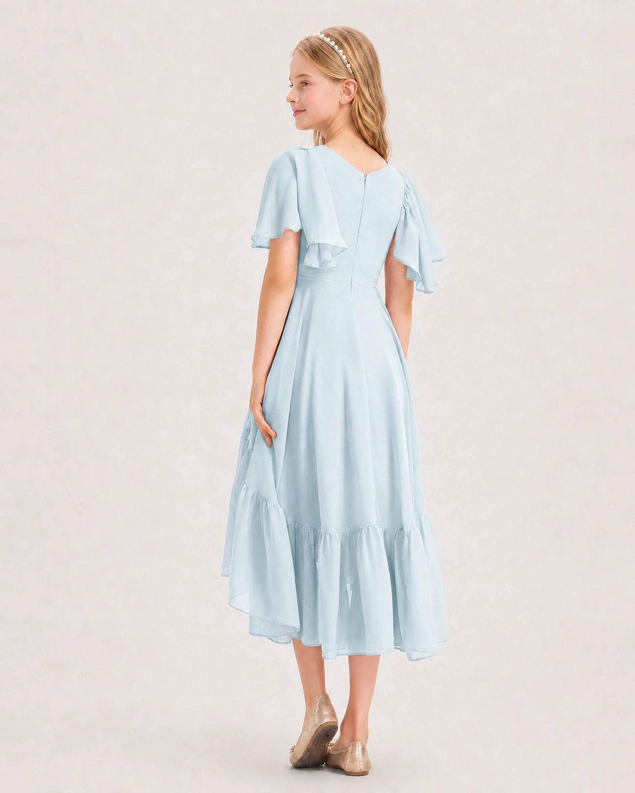 Baby Blue Junior Bridesmaid Dress Flutter Sleeve Chiffon High-Low Gown Back View