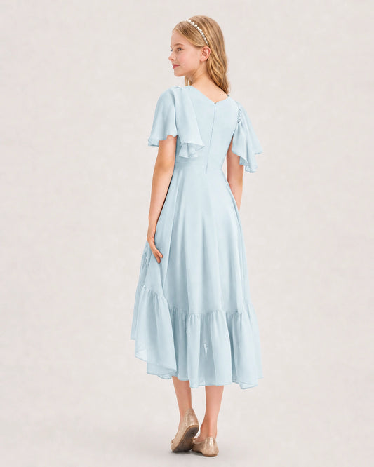 Baby Blue Chiffon A-line Junior Bridesmaid Dress Back View
