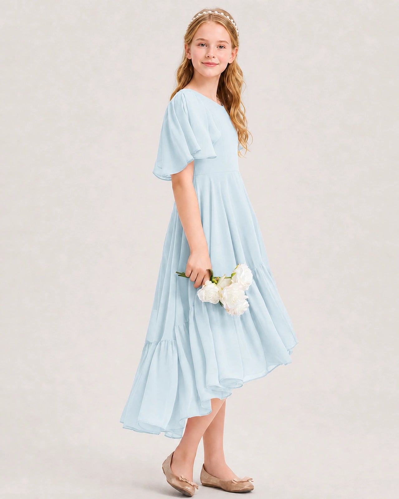 Baby Blue Junior Bridesmaid Dress Flutter Sleeve Chiffon High-Low Gown Side View