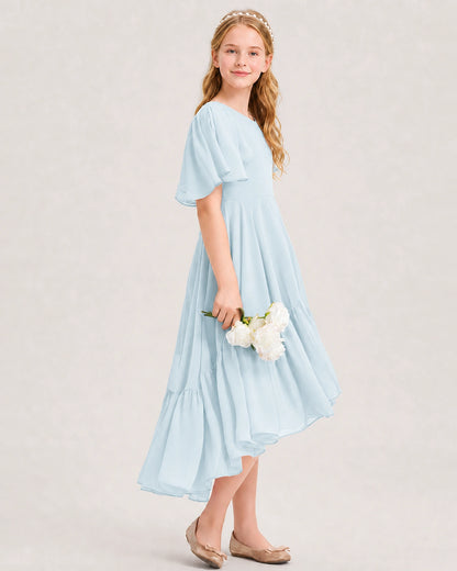 Baby Blue Junior Bridesmaid Dress Flutter Sleeve Chiffon High-Low Gown Side View