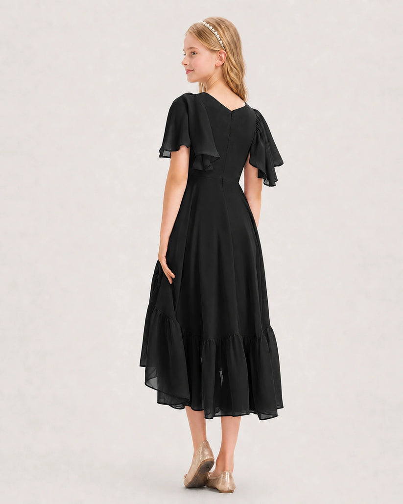 Black Chiffon A-line Junior Bridesmaid Dress Back View