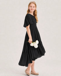 Black Junior Bridesmaid Dress Flutter Sleeve Chiffon High-Low Gown Side View