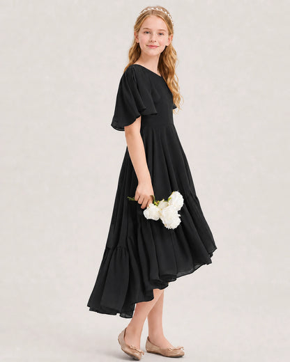 Black Junior Bridesmaid Dress Flutter Sleeve Chiffon High-Low Gown Side View