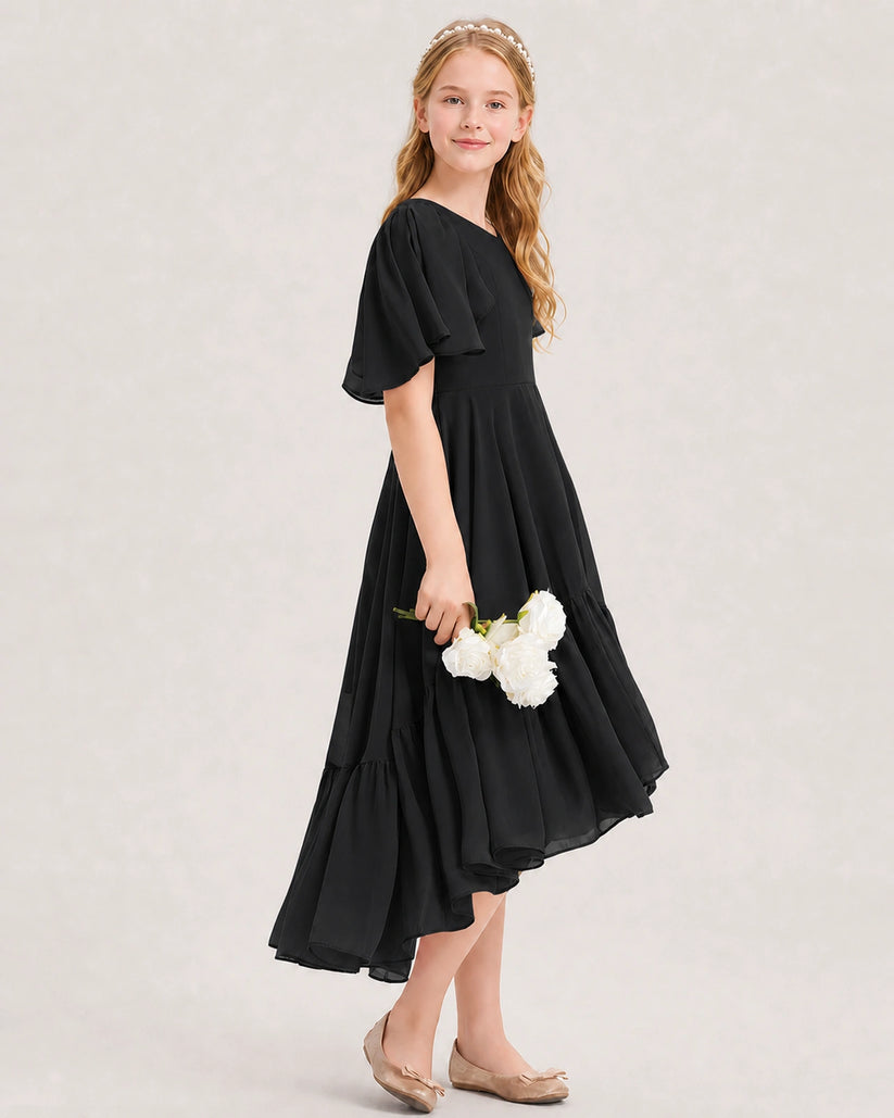 Black Chiffon A-line Junior Bridesmaid Dress Side View