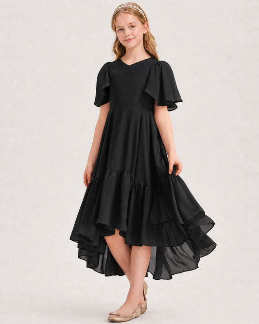 Black Chiffon A-line Junior Bridesmaid Dress Front View