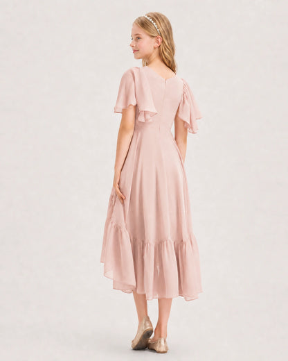 Blush Pink Junior Bridesmaid Dress Flutter Sleeve Chiffon High-Low Back View