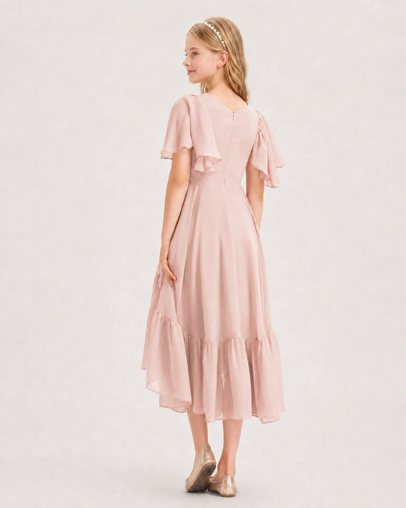 Blush Pink Chiffon A-line Junior Bridesmaid Dress Back View