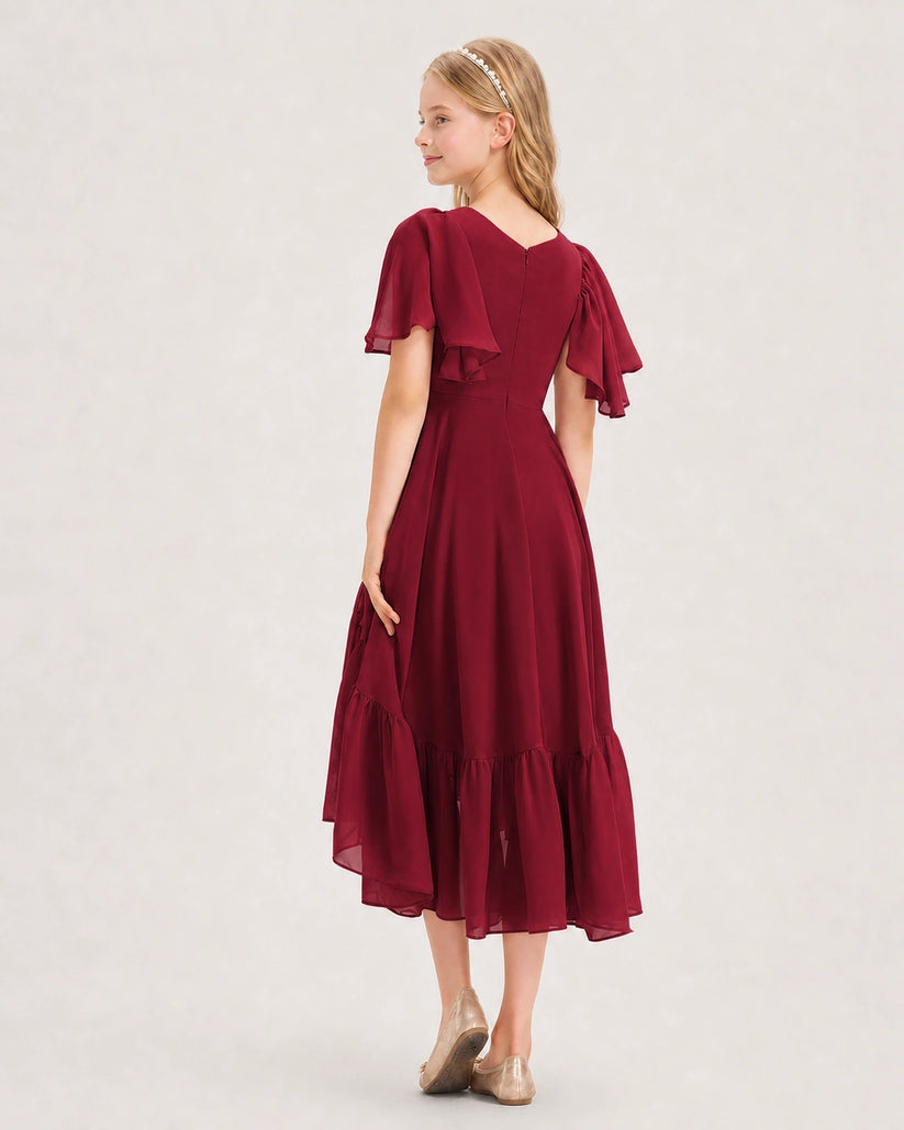 Burgundy Chiffon A-line Junior Bridesmaid Dress Back View