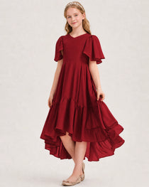 Burgundy Black Junior Bridesmaid Dress Flutter Sleeve Chiffon High-Low Gown Front View 