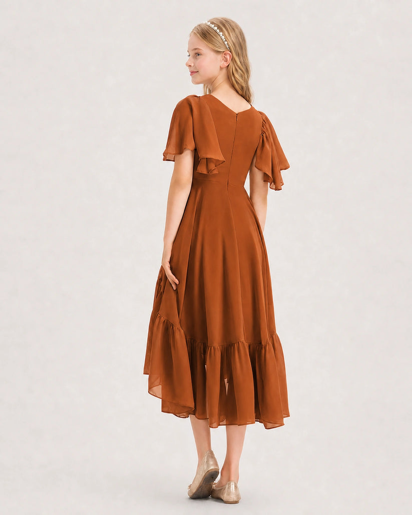 Burnt Orange Chiffon A-line Junior Bridesmaid Dress Back View