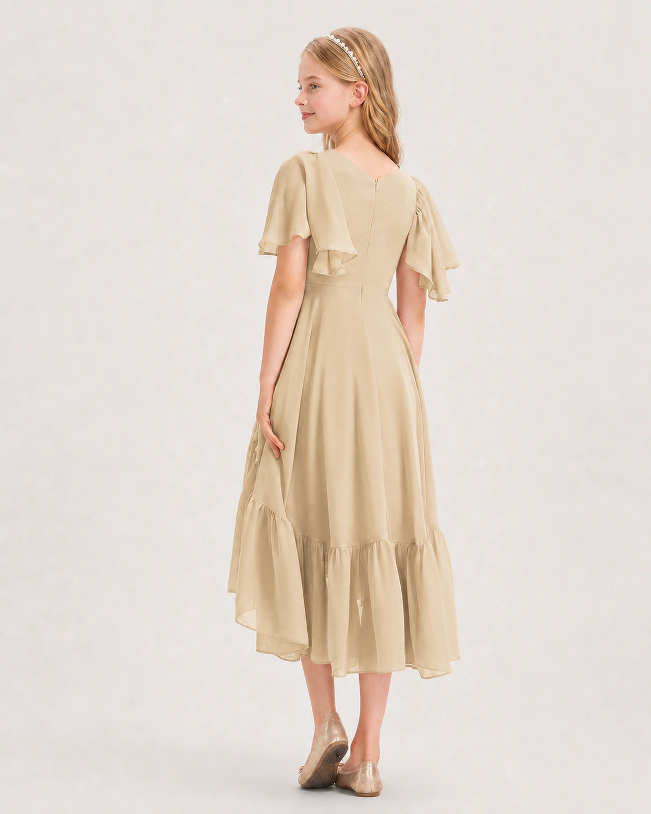 Champagne Junior Bridesmaid Dress Flutter Sleeve Chiffon High-Low Gown Back View