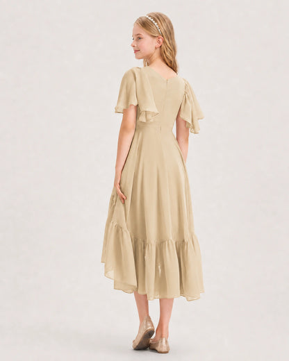 Champagne Junior Bridesmaid Dress Flutter Sleeve Chiffon High-Low Gown Back View
