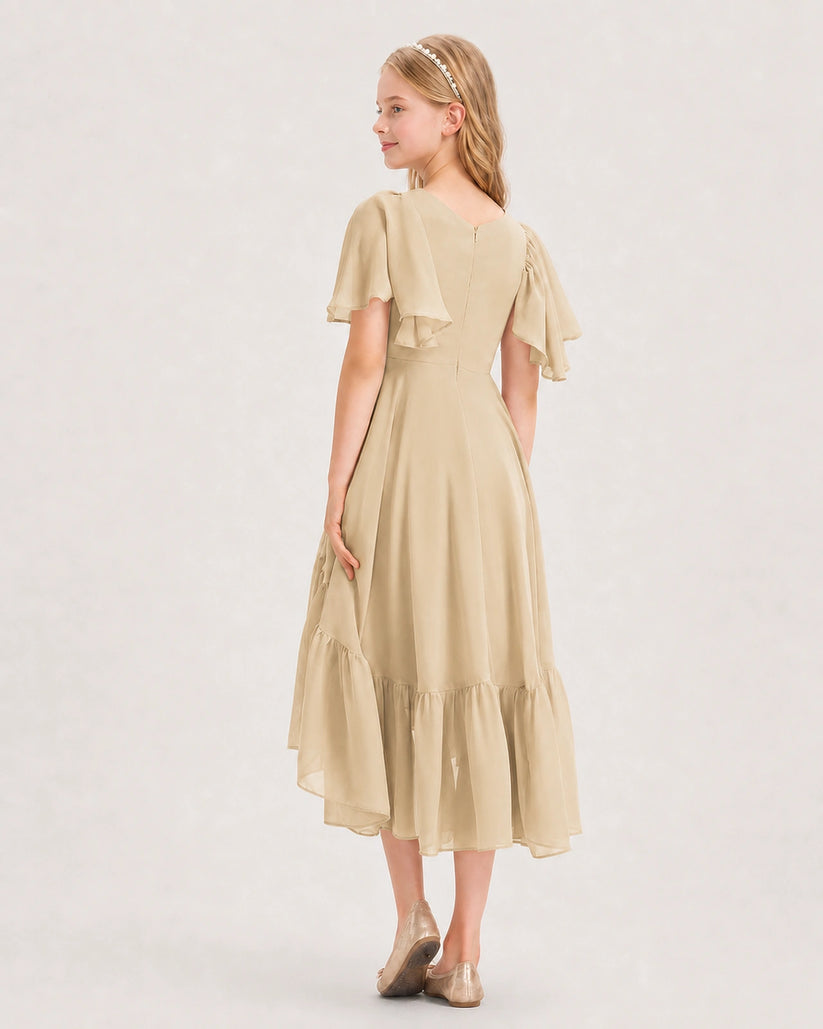 Champagne Chiffon A-line Junior Bridesmaid Dress Back View