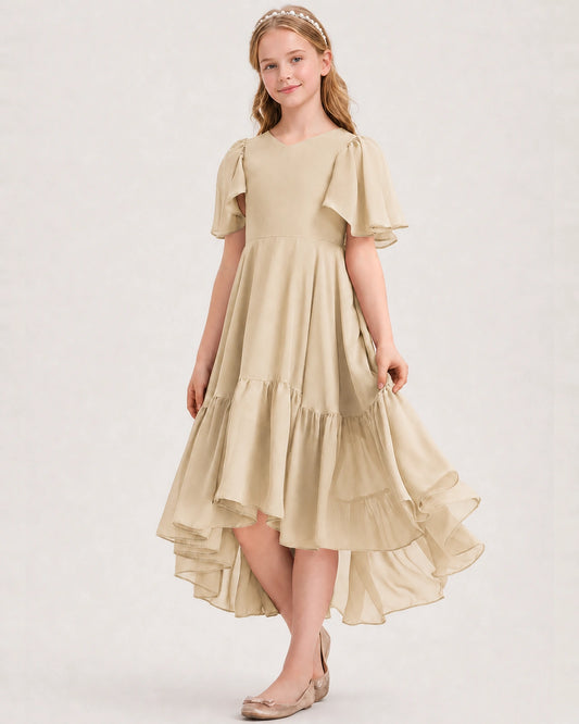 Champagne Chiffon A-line Junior Bridesmaid Dress Front View