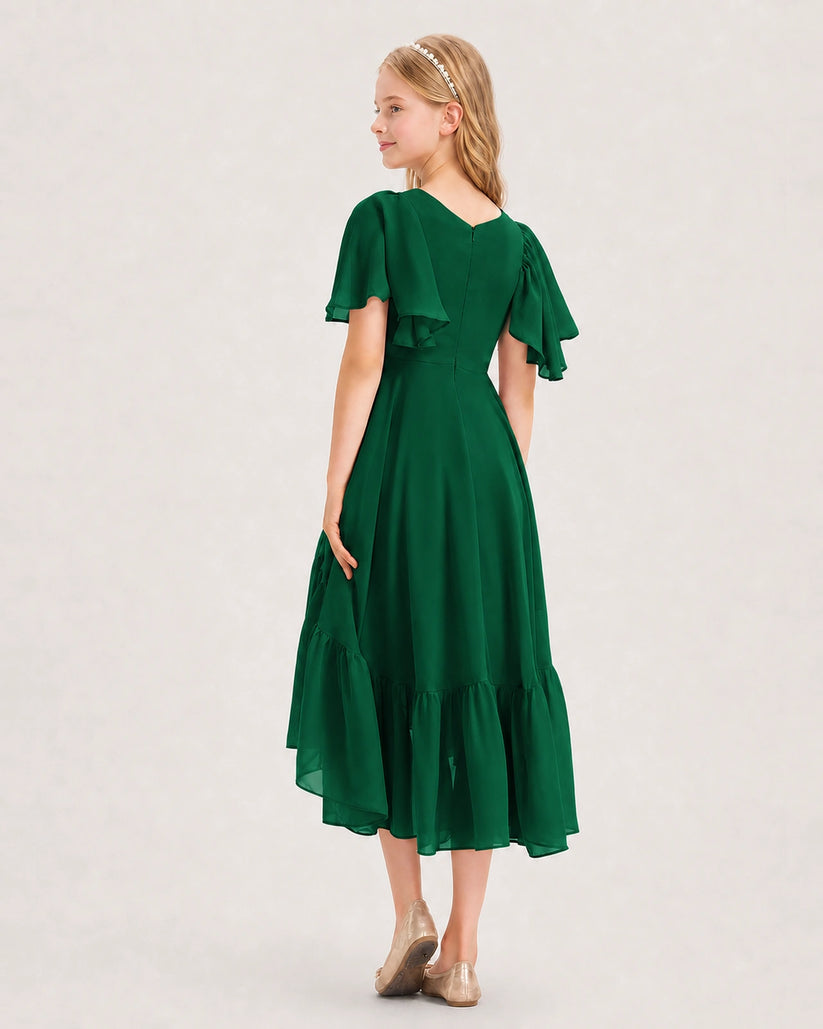 Dark Green Chiffon A-line Junior Bridesmaid Dress Back View