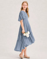 Dusty Blue Chiffon A-line Junior Bridesmaid Dress Side View
