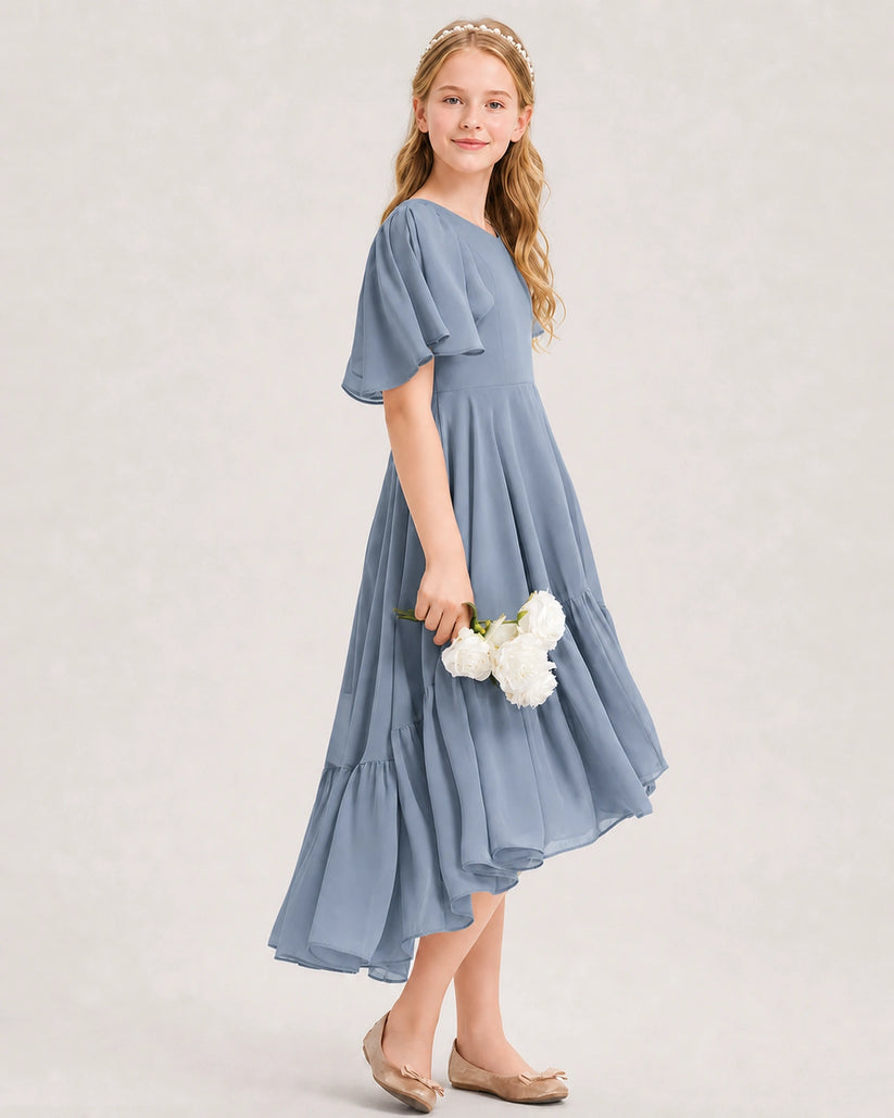 Dusty Blue Chiffon A-line Junior Bridesmaid Dress Side View