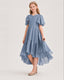 Dusty BlueJunior Bridesmaid Dress Flutter Sleeve Chiffon High-Low Gown Front View