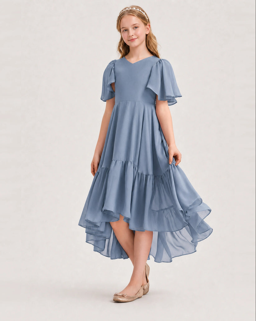 Dusty Blue Chiffon A-line Junior Bridesmaid Dress Front View