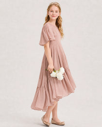 Dusty Rose Junior Bridesmaid Dress Flutter Sleeve Chiffon High-Low Gown Side View