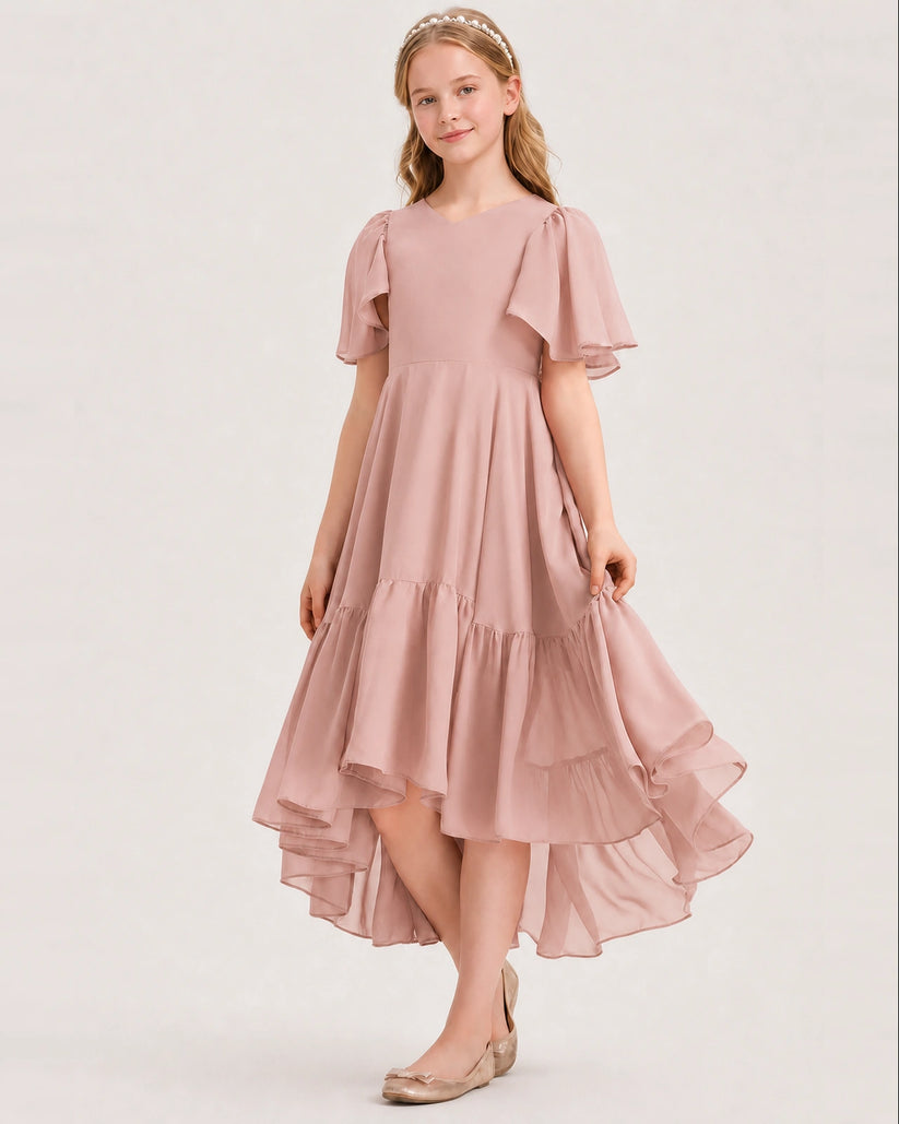 Dusty Rose Chiffon A-line Junior Bridesmaid Dress Front View