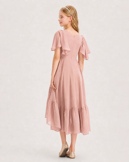 Dusty Rose Junior Bridesmaid Dress Flutter Sleeve Chiffon High-Low Gown Back View