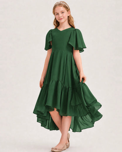 Emerald GreenJunior Bridesmaid Dress Flutter Sleeve Chiffon High-Low Gown Front View