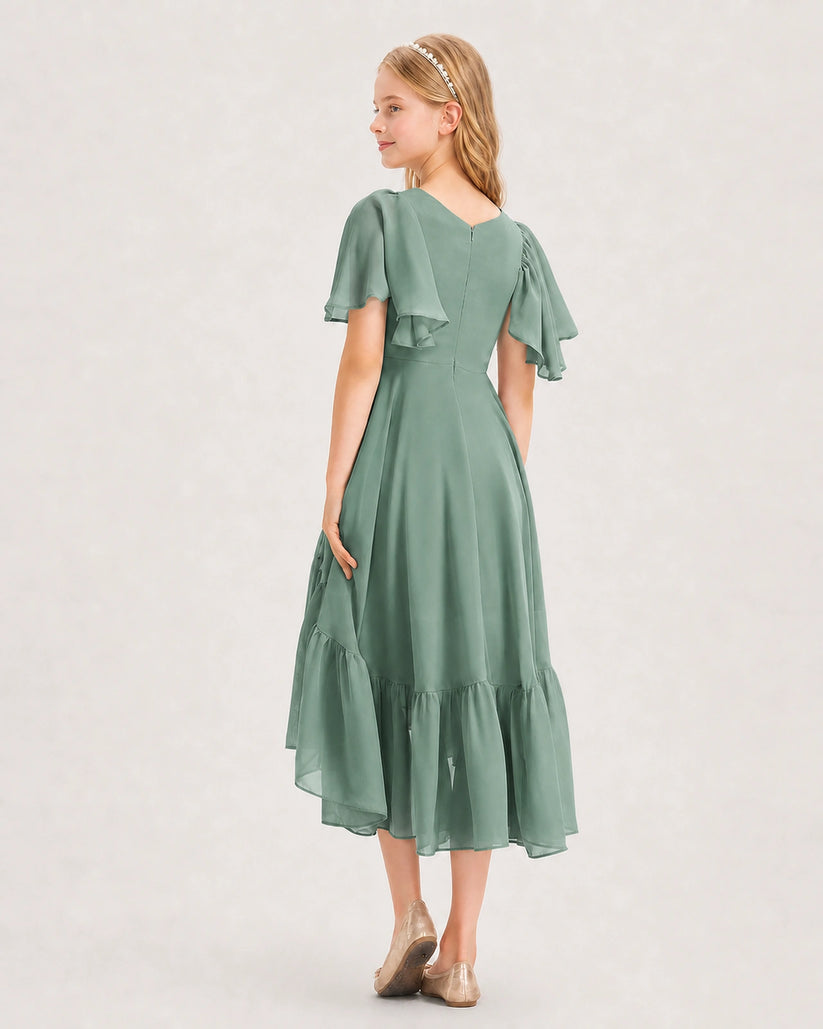 Eucalyptus Chiffon A-line Junior Bridesmaid Dress Back View
