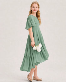 Eucalyptus Junior Bridesmaid Dress Flutter Sleeve Chiffon High-Low Gown Side View