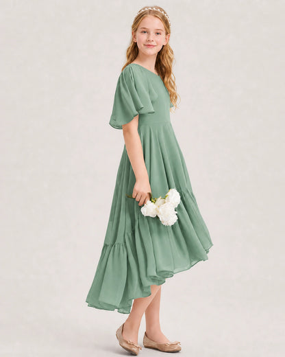 Eucalyptus Junior Bridesmaid Dress Flutter Sleeve Chiffon High-Low Gown Side View