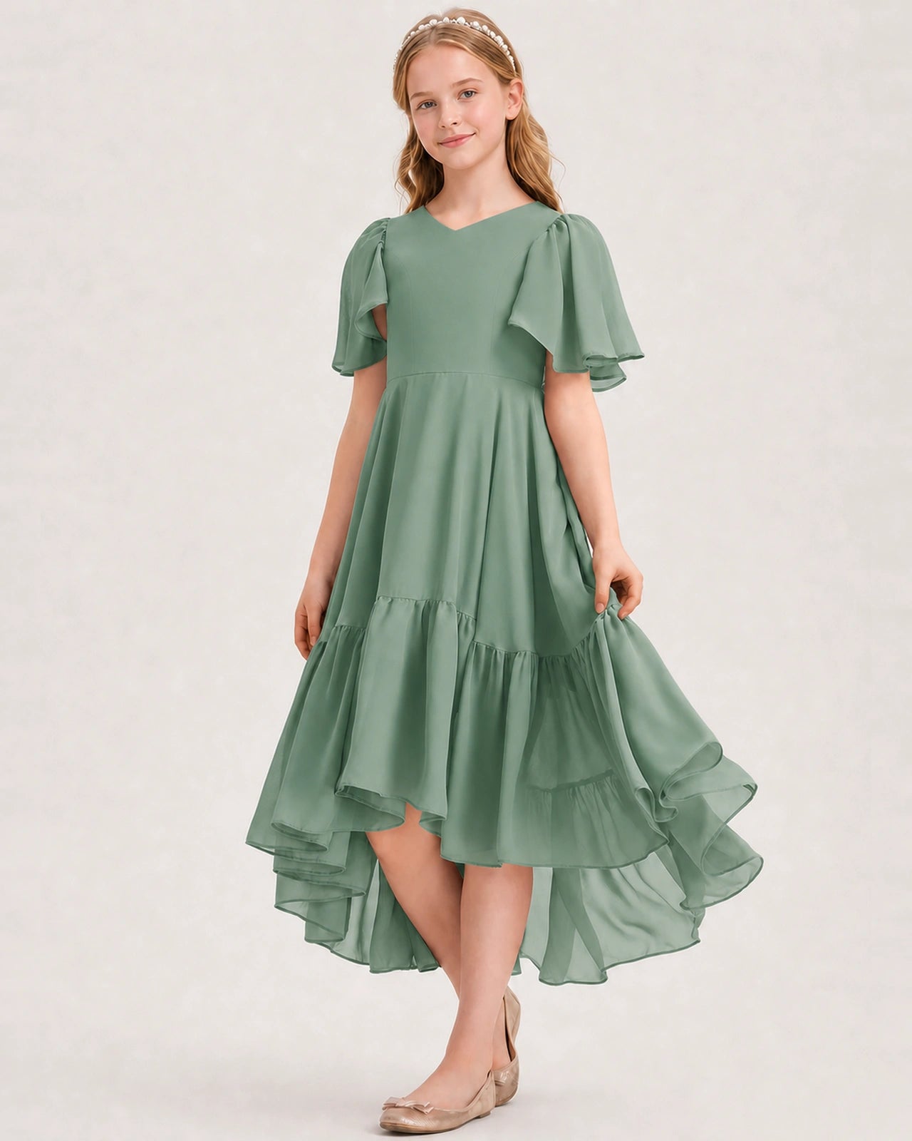 Eucalyptus Junior Bridesmaid Dress Flutter Sleeve Chiffon High-Low Gown Front View