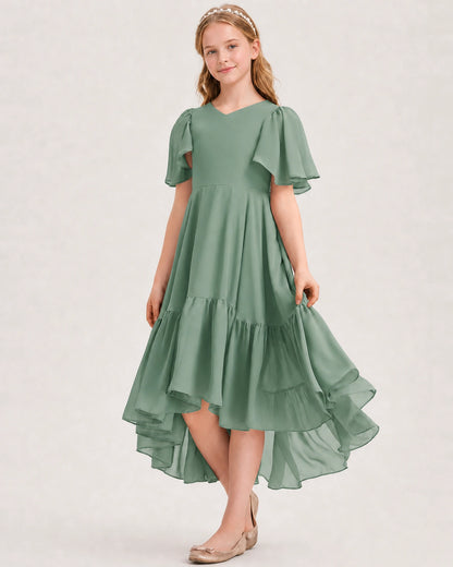 Eucalyptus Junior Bridesmaid Dress Flutter Sleeve Chiffon High-Low Gown Front View
