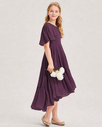 Grape Junior Bridesmaid Dress Flutter Sleeve Chiffon High-Low Gown Side View