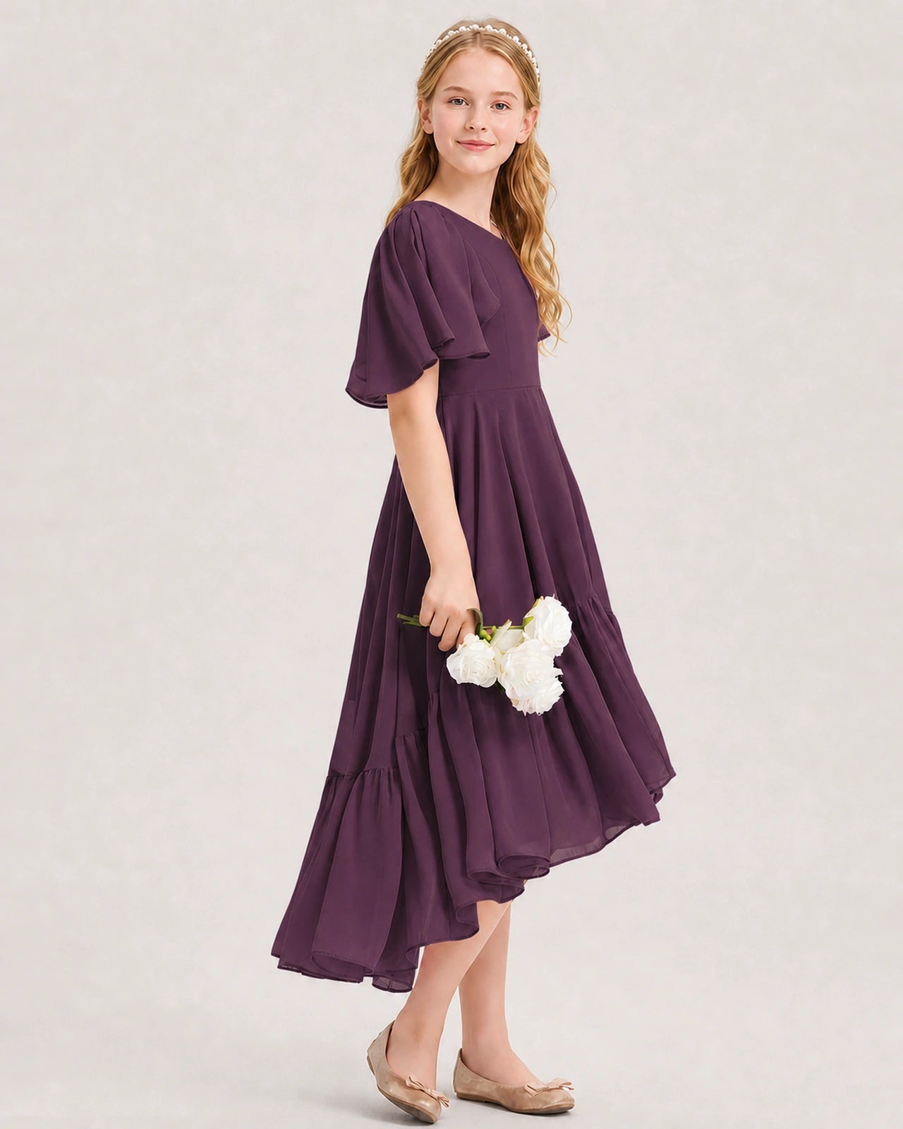 Grape Junior Bridesmaid Dress Flutter Sleeve Chiffon High-Low Gown Side View