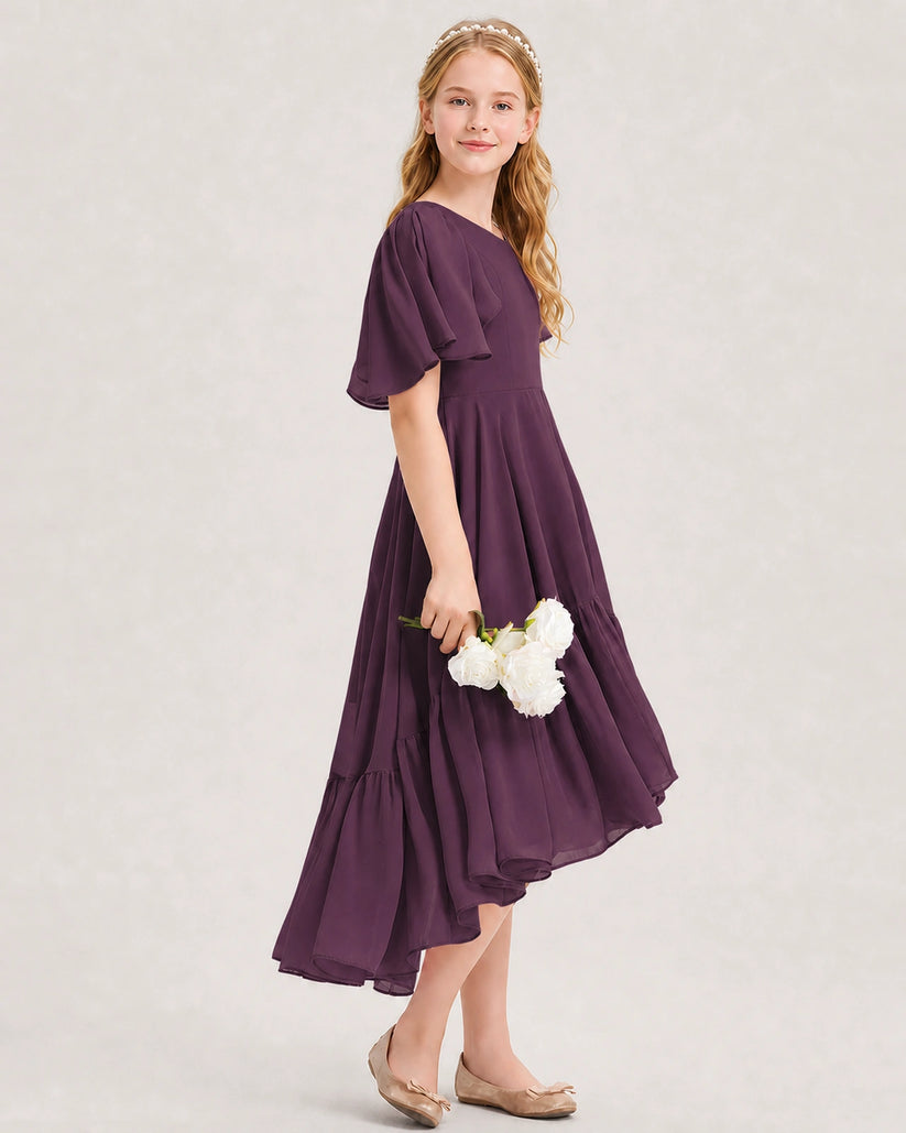 Grape Chiffon A-line Junior Bridesmaid Dress Side View