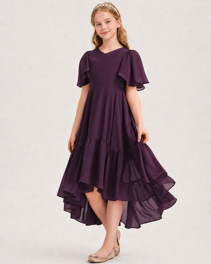Grape Junior Bridesmaid Dress Flutter Sleeve Chiffon High-Low Gown Front View