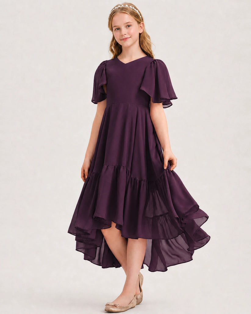 Grape Chiffon A-line Junior Bridesmaid Dress Front View